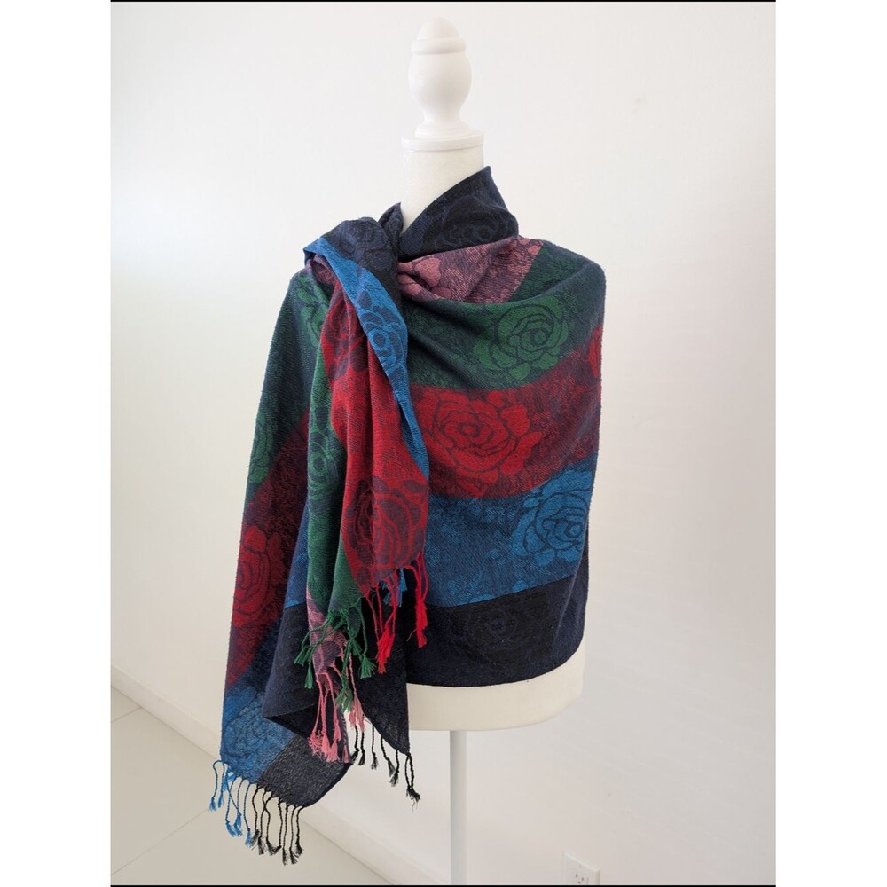 Woven Floral Shawl Multicolor Rose Jacquard Pattern Fringe Edges Oversize Scarf